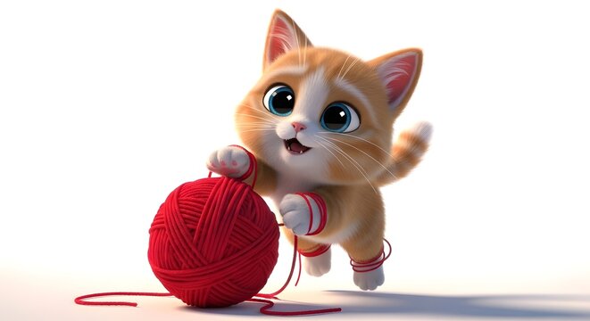 Playful Kitten with Yarn Ball: An adorable ginger kitten with big, expressive blue eyes playfully bats at a ball of red yarn, its paws entangled in the string, creating a scene of pure.