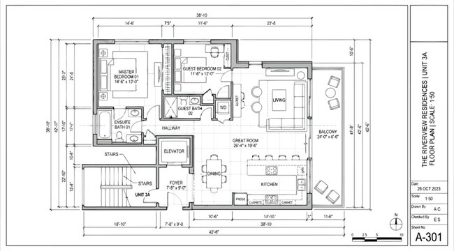Architectural residential floor plan A‑301 with living room, dining area, kitchen, bedroom, bathroom, stairway, furniture placements, doors, windows, wall dimensions, and technical annotations on blue