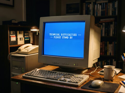 Retro 1990s CRT Desktop Computer Monitor Blue Screen Error Technical Difficulties Please Stand By Nostalgic Vintage PC System Crash BSOD Classic