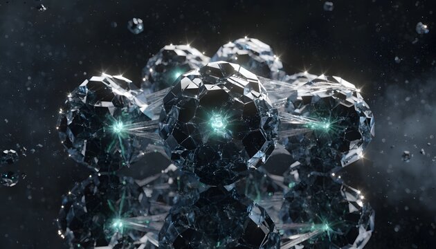 Zoomed crystal node cluster with glowing blue light in dark cosmic space abstract background