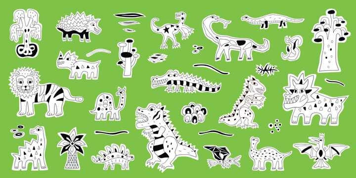 Dinosaurs wild animals doodles vector illustration set 