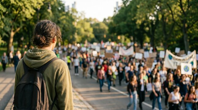 Diverse students participating in a climate change protest in a city park.