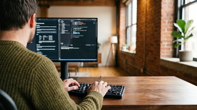 Man coding at computer in modern loft home office with brick wall.