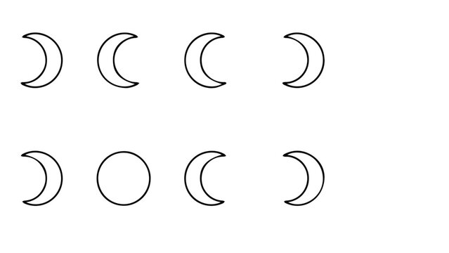 Moon phases in simple line vector silhouette against white background for educational or celestial concept