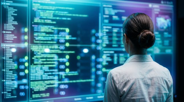 Female software engineer analyzing code on large screens in modern data center.