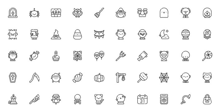 Halloween icon set. Minimalist vector icons pack. Featuring ghost, witch, skeleton, vampire, pumpkin, bat, spider, zombie, and more.