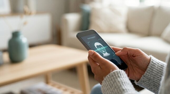 African american woman using facial recognition on smartphone for secure access in home.