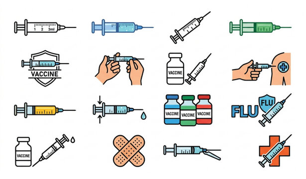 Syringe vaccine injection icon set medical vaccination equipment vector illustration isolated white background