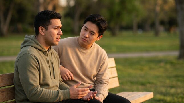 Diverse male friends having a serious conversation on a park bench.