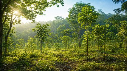 Fototapeta premium Young Trees Growing in Tropical Forest Restoration Area