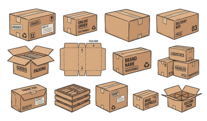 Fototapeta premium Hand drawn brown packaging boxes set cardboard shipping vector illustration isolated