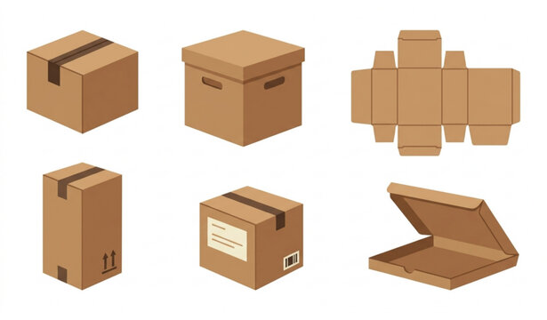 Minimal brown cardboard packaging box icon set flat vector illustration isolated white background