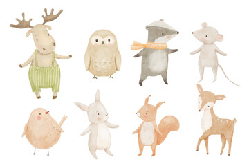 Obraz premium Cute watercolour cartoon woodland animals set isolated on white, forest little character illustration for baby card