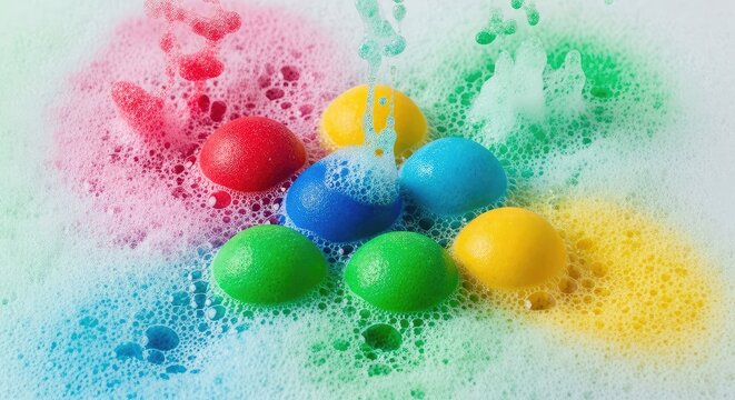 A collection of round fizzy bath bombs dissolves into a vibrant sea of multicolored soap suds and soft foam bubbles in a luxury spa scene, bath bomb, dissolve, beauty