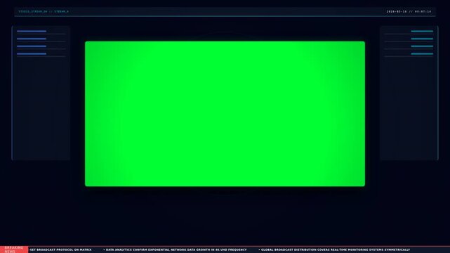 Digital interface with a large bright green rectangular display framed by a dark background, featuring menu options and settings on sides