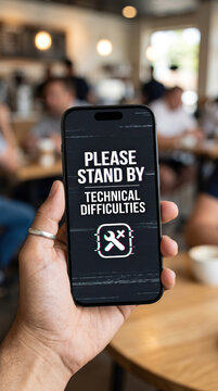 Smartphone Mobile App Crash Error Screen Please Stand By Technical Difficulties Glitch UI Hand Held Phone Technology Failure Dark Modern Interface