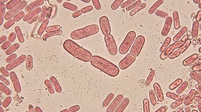 A microscopic view of numerous red bacteria cells scattered across a beige surface in a laboratory setting with various shapes and sizes.