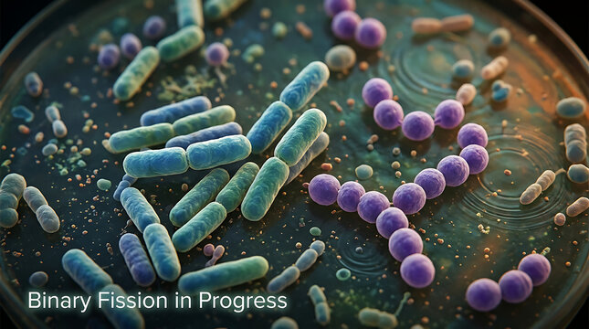 Microscopic view of bacteria undergoing binary fission in a petri dish laboratory setting with various colored microorganisms.