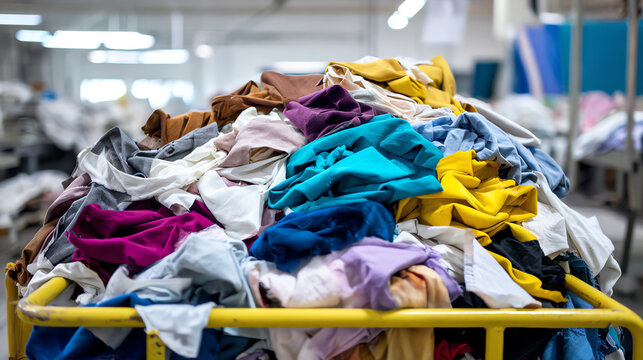 A vibrant pile of colorful clothes in a laundry facility, showcasing the textile industry's textile waste challenges.
