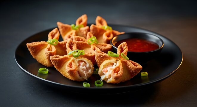 Crab rangoon on a plate with dipping sauce. crab rangoon