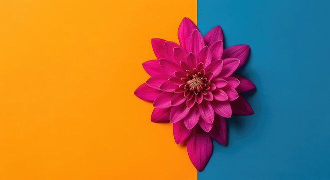 A striking modern flatlay floral composition featuring vibrant petals against a bold dual tone background with sharp artistic color contrast, interior, bright, decor
