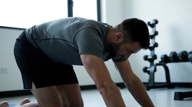 Fit Young Man Performing Core Strengthening Exercises on Gym Floor During Intense Workout Session for Health and Wellness