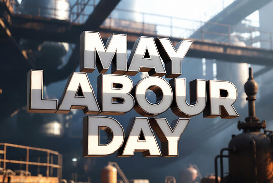 Large metallic text reading MAY LABOUR DAY is displayed against a backdrop of an industrial complex.