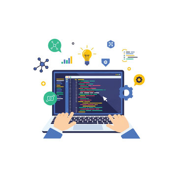 Coding and software development on a laptop surrounded by creative technology icons.