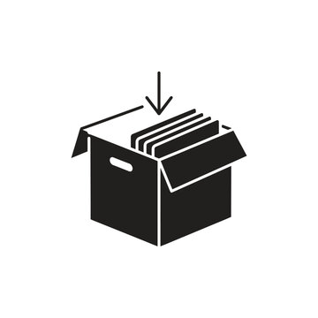 Black icon of an open cardboard box with an arrow pointing down into it, indicating items being placed inside, on a white background