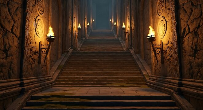 Ancient Stone Staircase with Torches.