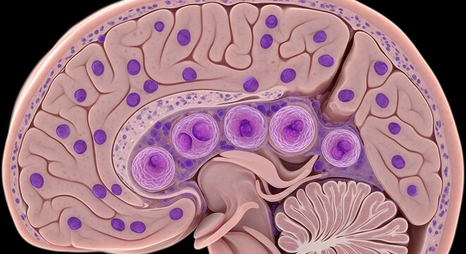 Congenital CMV brain damage, fetal brain with calcification spots and infected cells