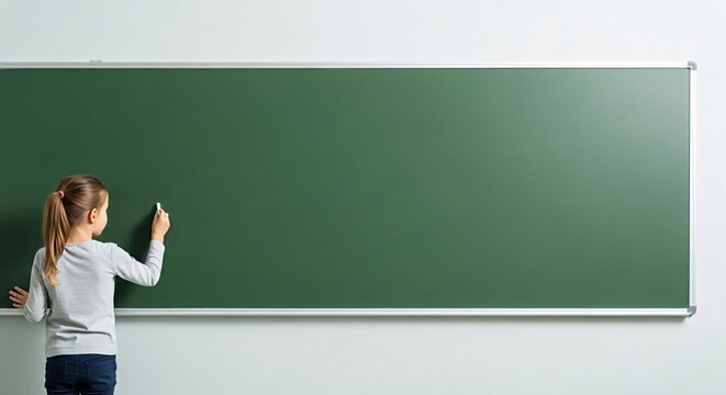 Young Student Writing on Large Green Chalkboard in Classroom