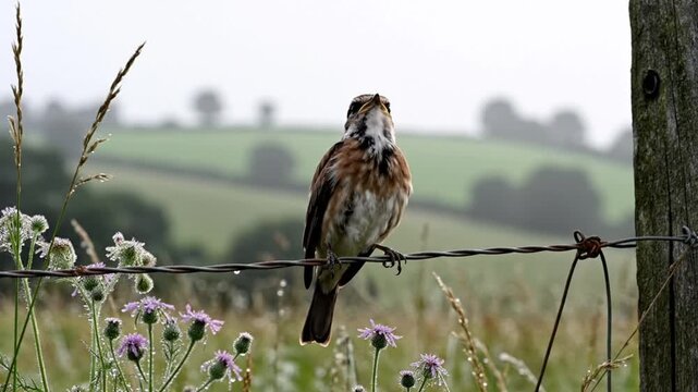 Whinchat bird singing happily on a barbed wire fence in a rural landscape on a misty day
