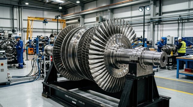 Massive Industrial Gas Turbine Engine Rotor Assembly in Manufacturing Facility