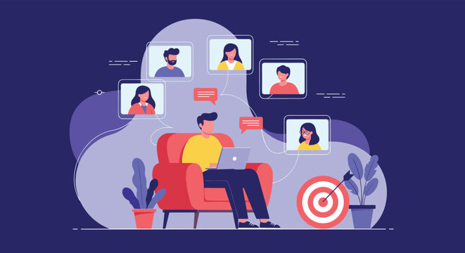 Freelance professional participating in a remote team meeting via video call while working from a comfortable home office.