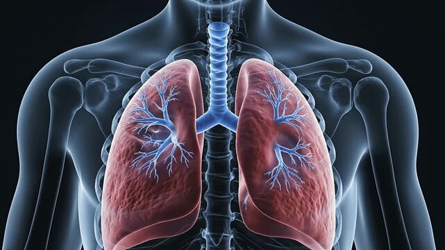 3D Anatomical Illustration Of Human Lungs With Bronchi And Alveoli Structure On Dark Background For Medical And Educational Use