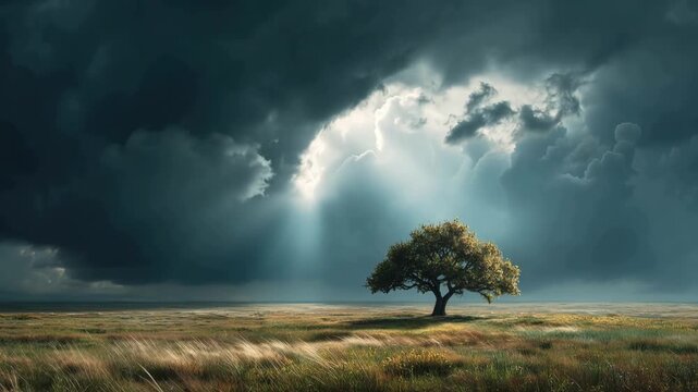 A tree stands alone in a field as clouds move in. Sunlight breaks through at various times, changing the view in the open space.