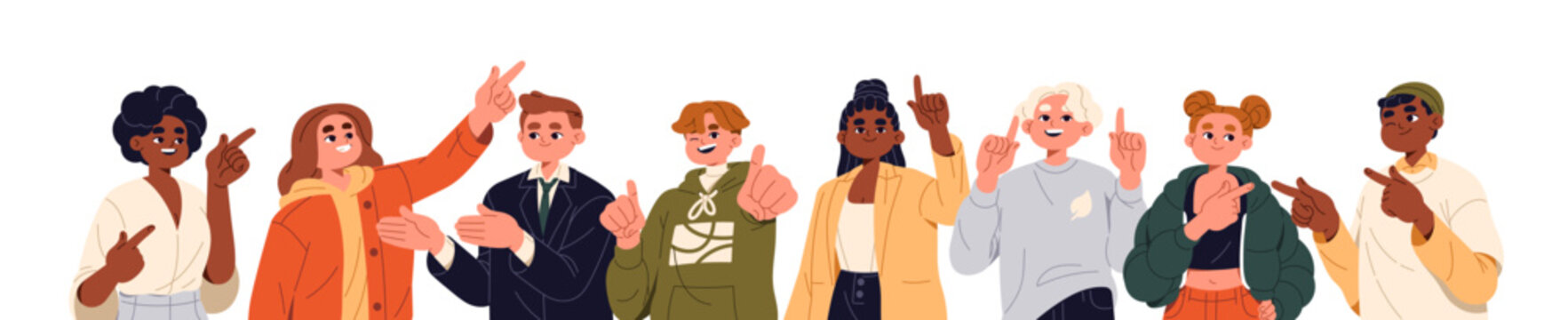 Group of diverse happy kids pointing fingers. Cute children are gesturing left, right, up, and down sides, showing direction with hands. Flat isolated vector illustration on white background