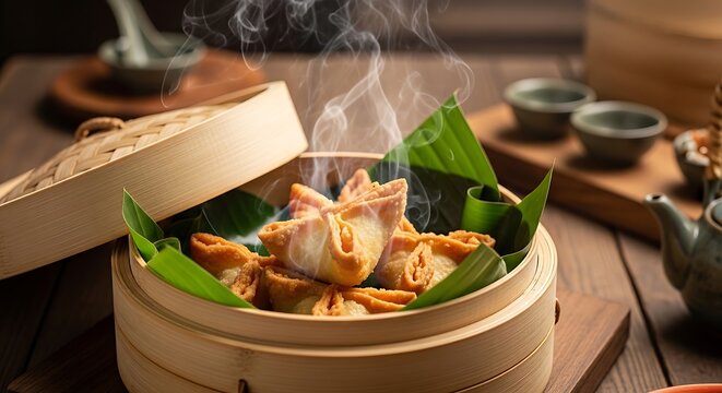 Steamed crab rangoon in bamboo steamer with green leaves, served on wooden table. crab rangoon