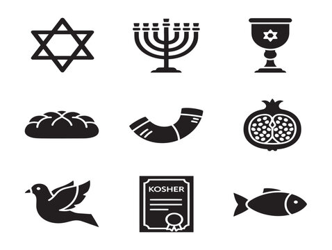 Kosher symbols set with star of david menorah wine matzah fish vector line illustration
