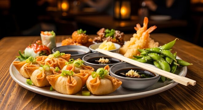Crab rangoon dumplings with dipping sauce on plate, Asian cuisine, restaurant setting, appetizing. crab rangoon