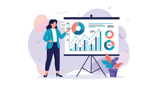 Professional woman presenting financial data and analytics on a whiteboard to explain market trends and business performance.