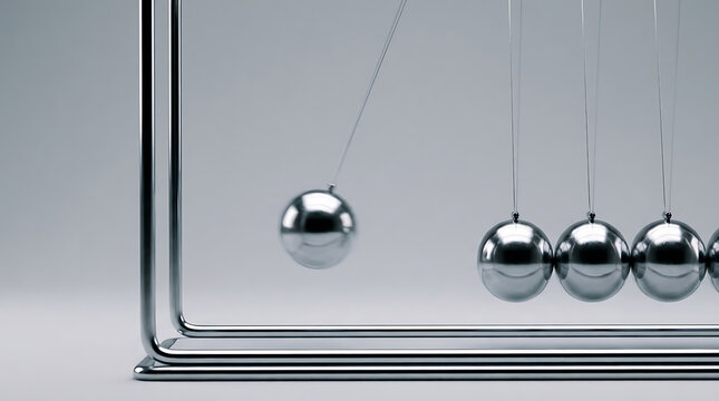 Close up of newton's cradle metal frame and swinging spheres with swinging momentum experiment laboratory structure education mechanism pendulum engineering