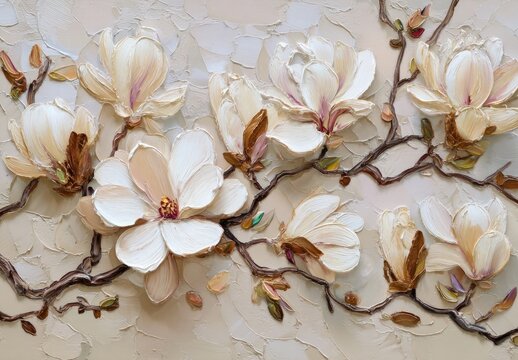 Textured artwork showcasing blossoming, ivory-toned flowers on brown, delicate branches against a light, off-white, layered background
