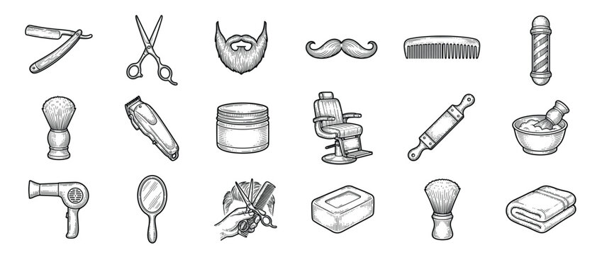 Various vintage barber shop tools and accessories are arranged in a grid, featuring classic hand-drawn engraving style
