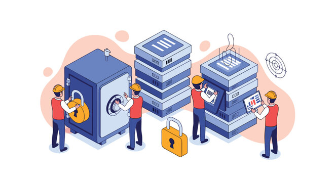 Skilled technicians manage secure data servers and protect sensitive information using heavy-duty safes and locks in an isometric storage facility.