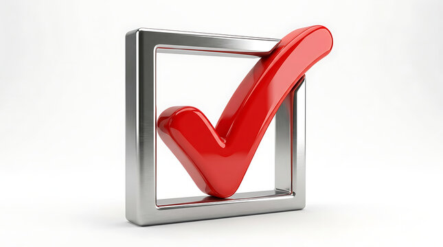 Red tick sign placed inside a chrome square border on white background with checkbox selection approved validate metallic decision business positive