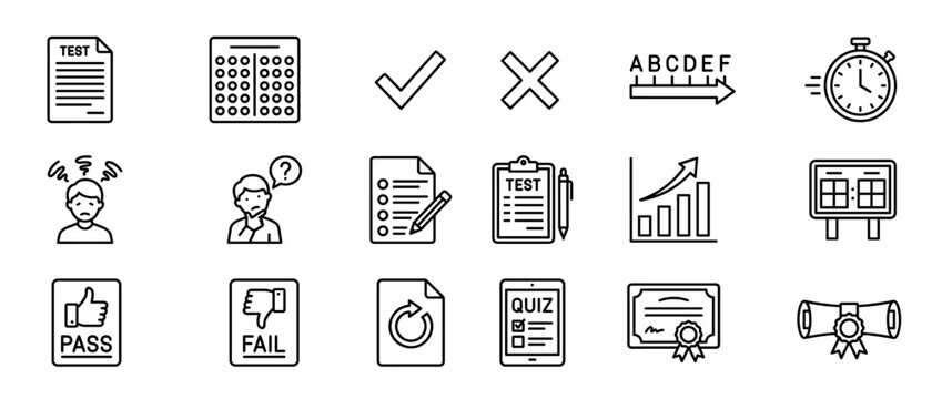 Comprehensive collection of black outline icons representing various aspects of tests, quizzes, and academic evaluation, presented in a clean, modern style