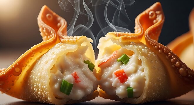 Fried Crab Rangoon with Cream Cheese Filling Smoking on Wooden Board Close-Up. crab rangoon