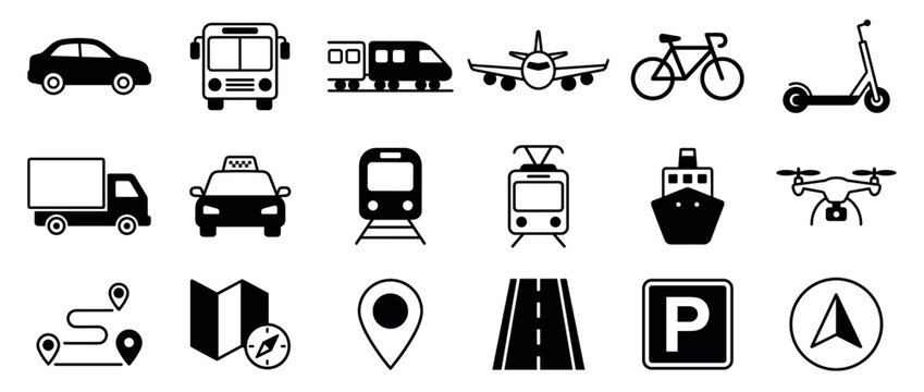 Various black and white transportation and navigation icons are neatly arranged on a clean white surface, depicting modern travel and mapping concepts
